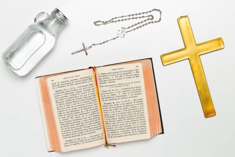 Top view religious holy objects