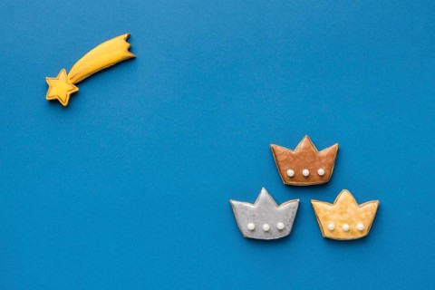 Top view shooting star with three crowns epiphany day