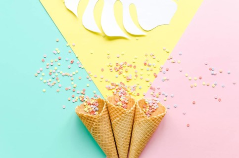 Waffle cones with sugar sprinkles palm leaf