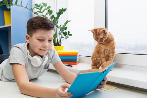 Boy with cat lecture time
