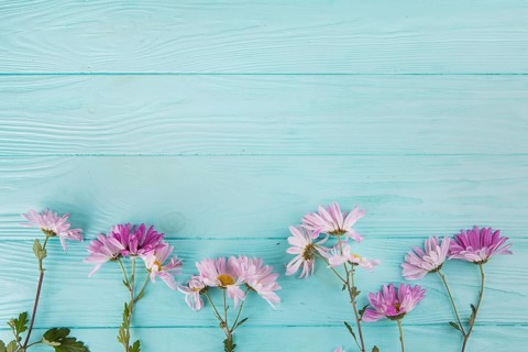 Bright flowers scattered wooden table