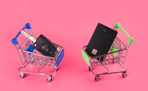 Car key travel card blue green shopping card against pink background