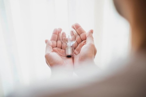 Close up man s hand holding light bulb