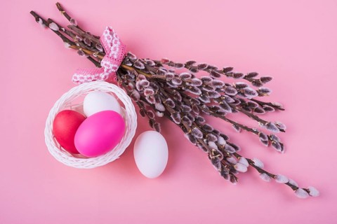 Colorful easter eggs with willow branches