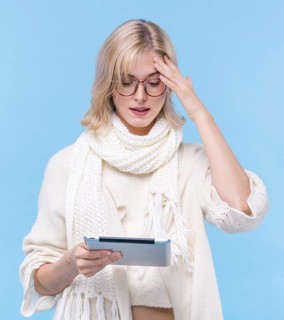 Front view blonde woman holding tablet