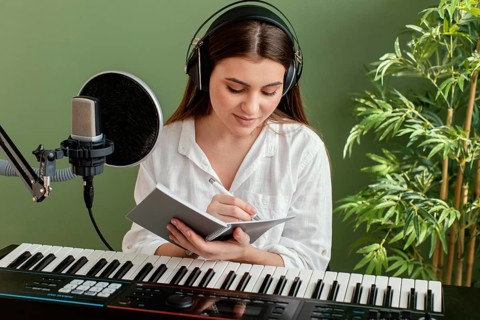 Front view female musician playing piano keyboard writing songs while recording