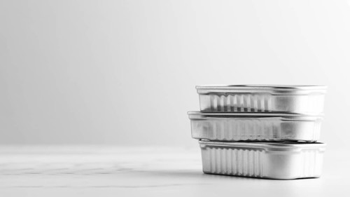Front view stack silver tin cans with copy space