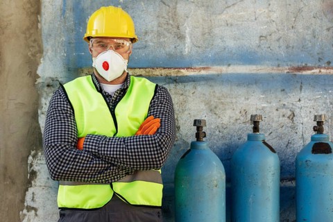Front view worker with hard hat protective mask