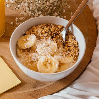 High angle bowl with cereal banana