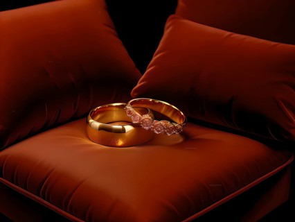 Golden wedding rings on red velvet cushions