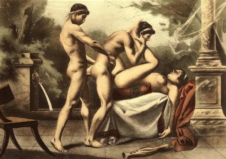 Two men and a woman having sex