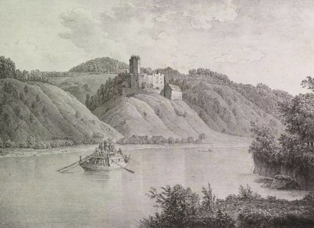 The Hilgartsberg castle ruins are located on a steep slope on the left between Hofkirchen and Vilshofen a.d. Donau in the Passau region with a view of the river Danube