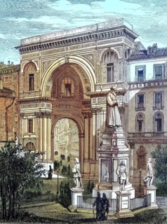 The monument of Leonardo da Vinci in front of the entrance to the Victor Emanuel Gallery in Milan