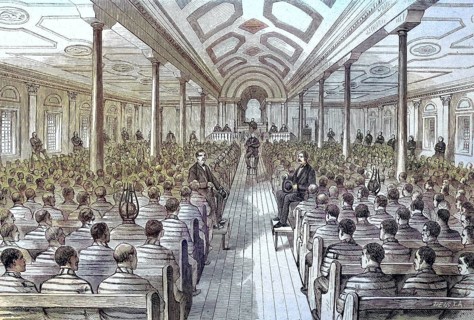Convicts at Sunday worship service in the Chapel of the prison Sing Sing in the state of New York