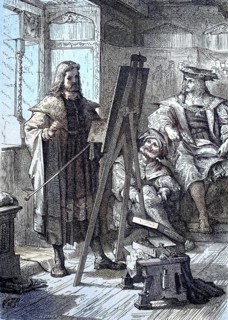 Albrecht Duerer stands at the easel and paints the portrait of Emperor Maximilian I