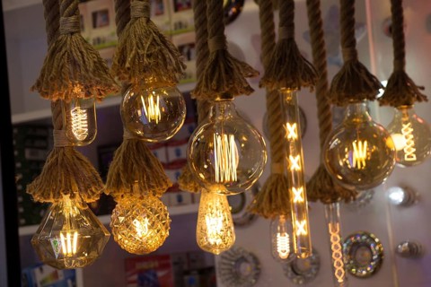 Decorative antique edison style filament light bulbs hanging