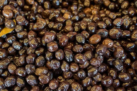 Turkish style prepared olives in the market stands