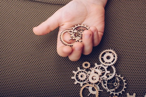 Hand holding gear wheels as the concept of mechanism