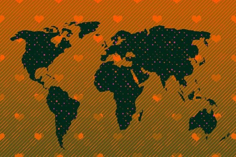 World map design with heart pattern. Earth with continents. Map of europe and america