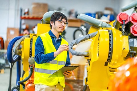 Japanese young engineer controlling the production line of robotic arms