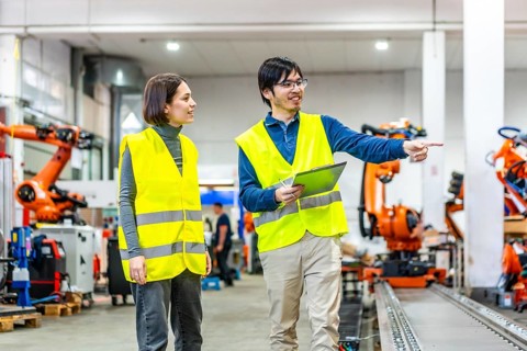 Japanese chief engineer explaining and pointing robotic welding process to a caucasian women in a factory