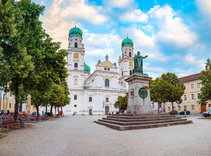 Passau Cathedral Square with Monument to King Maximilian I Joseph of Bavaria and St. Stephen's Cathedral in Passau