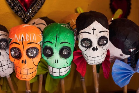 Skull dolls in shop windows