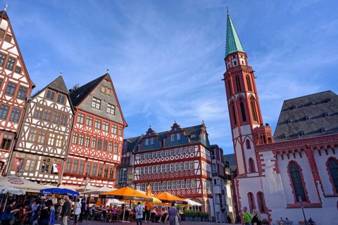 Colorful Half-timbered houses in Roemerberg square and Nikolai Church