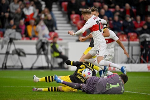 Penalty area scene duel between Chris Fuehrich VfB Stuttgart