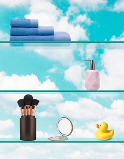 Glass shelf for cosmetics and bathroom utensils