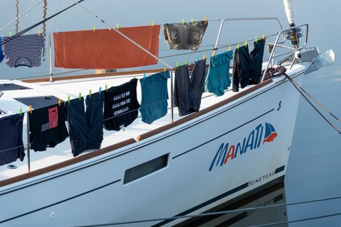 Laundry hanging to dry on a sailing boat
