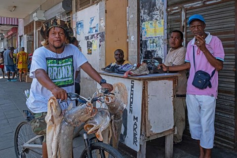 Selling large fish from a bicycle and a small shoe repair stand in the centre of Paramaribo