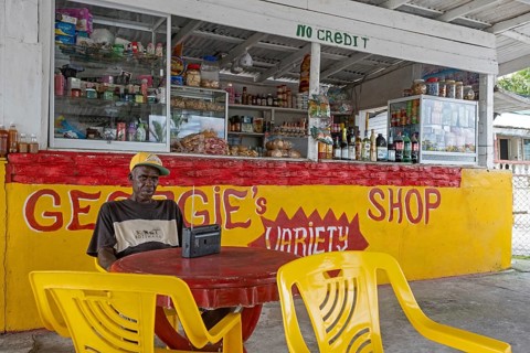 Shopkeeper in front of little grocery shop
