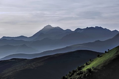 Mountain ranges at sunrise seen from the Col d'Aubisque in the Pyrenees
