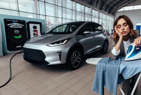 Sleepy bored patient young business woman ironing while waiting ev electric hybrid car suv to charge battery to continue travel art ai generated