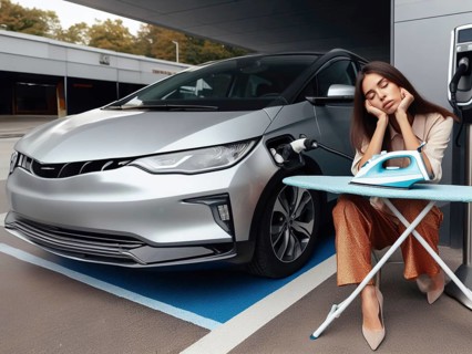 Sleepy bored patient elegant young business woman ironing while waiting ev electric hybrid car suv to charge battery to continue travel art ai generated
