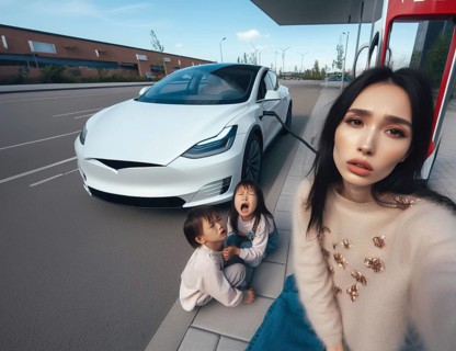 Sleepy bored desperate Mixed-race asian mother and kids wait ev electric hybrid car suv full charge battery to continue travel 3d render art ai generated