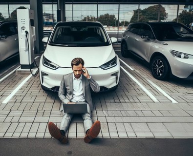 Sleepy bored adult caucasian business fahionista remote working man with laptop wait ev electric hybrid car suv full charge battery to continue travel art ai generated