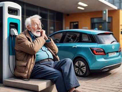 Sleepy bored patient senior retired man waiting ev electric hybrid car suv to charge battery to continue travel art ai generated