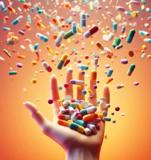 A hand full of flying colourful capsules pills medicines antibiotics prescriptions and supplements for cadiopathy or diabetes