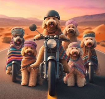 Funny bad labradoodle dogs gang riding hot rod steampunk motorcycles wearing ponchos and goggles in desert road on a long trip at sunset art ai generated