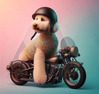 Portrait of funny bad labradoodlw dogs gang riding hot rod steampunk motorcycles wearing helmet and poncho over a solid backgrpound ai generated