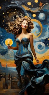 Artistic scene blending the swirling carved impressionist sky