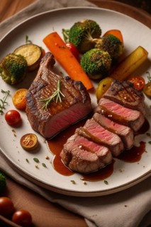 Delicious fried meat steak on a wooden plate srrounded by veggies