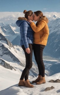 Elegant fashionista gay couple kiss on the top of the swiss alps