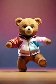 Fashionista peluche bear toy breakdance hiphop dancer strike the pose over solid studio background 3d render