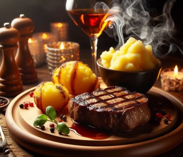 A grilled smoking bovine red meat sirloin steak in a wood dish
