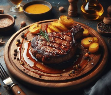 A grilled smoking bovine red meat sirloin steak in a wood dish