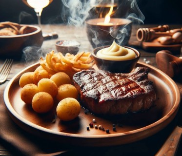 A grilled smoking bovine red meat sirloin steak in a wood dish