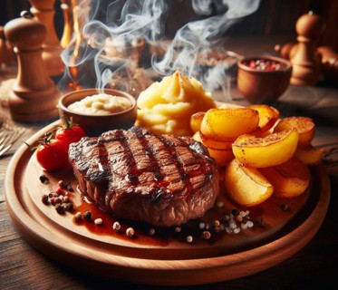 A grilled smoking bovine red meat sirloin steak in a wood dish